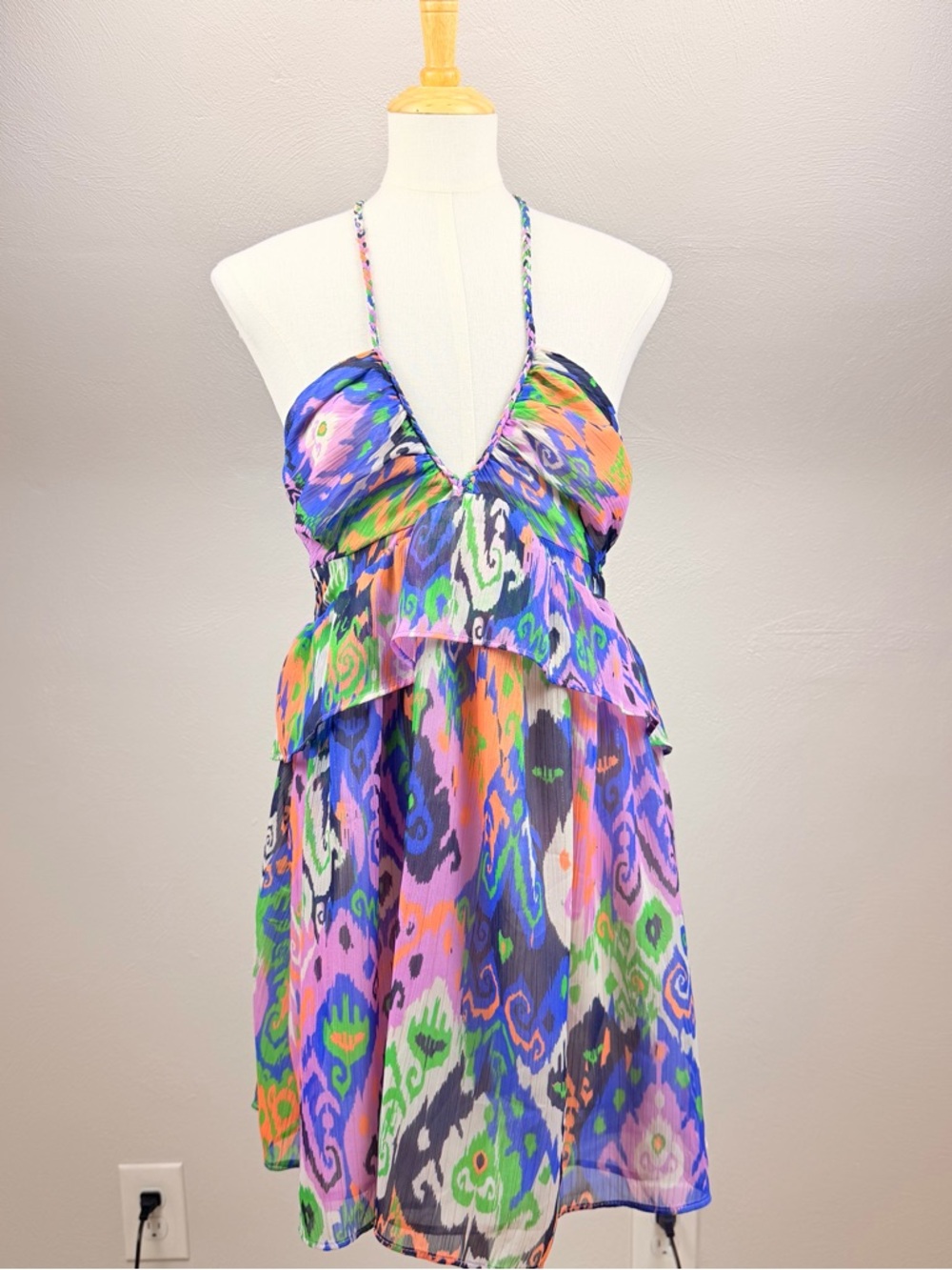 Zara Multicolor Geometric Chiffon Halter Ruffle Tie Mini Sleeveless Dress S